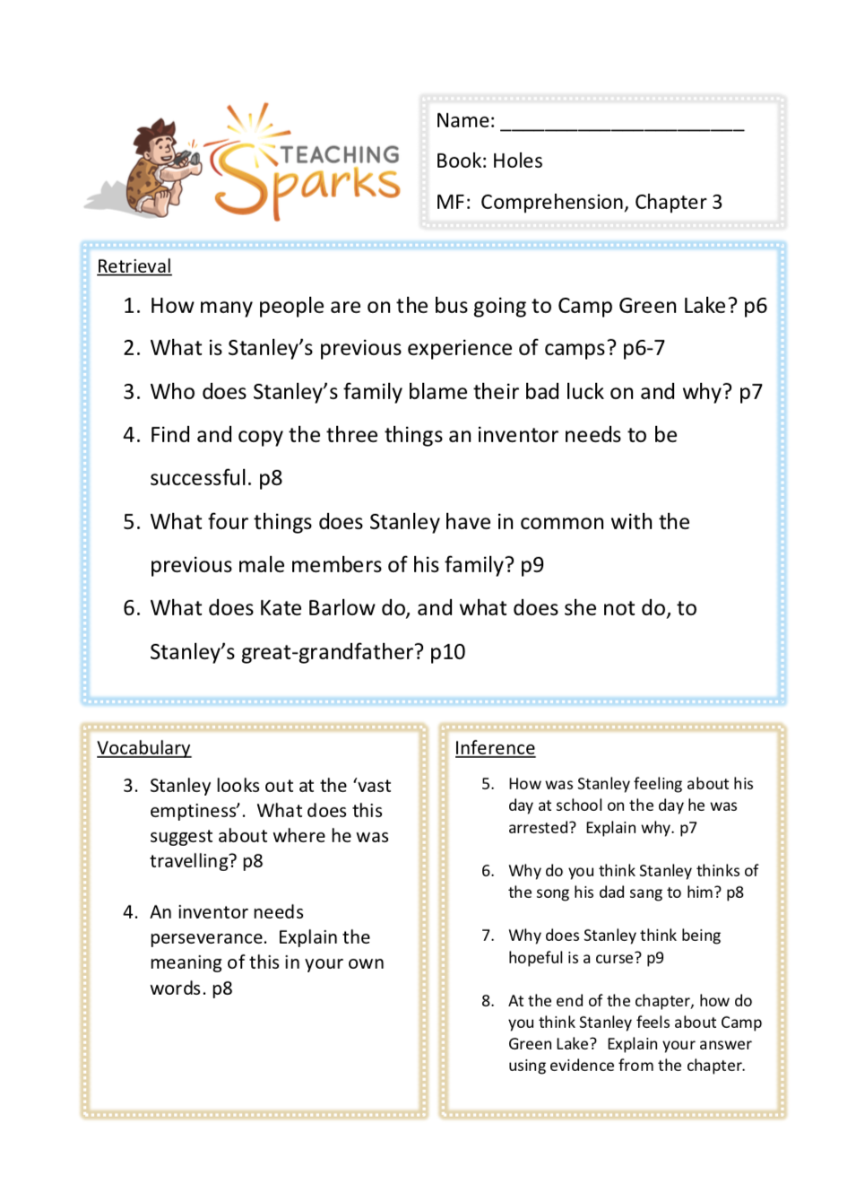 GUIDED READING: Holes - Louis Sachar, 36 Question Sets, Answer Key