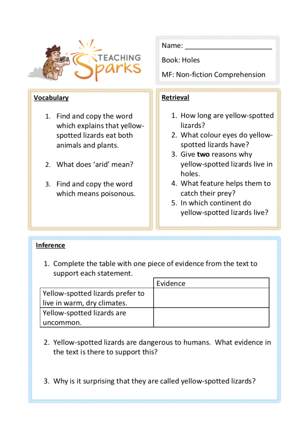 Holes Worksheets - Comprehension Questions - KS2 - Twinkl